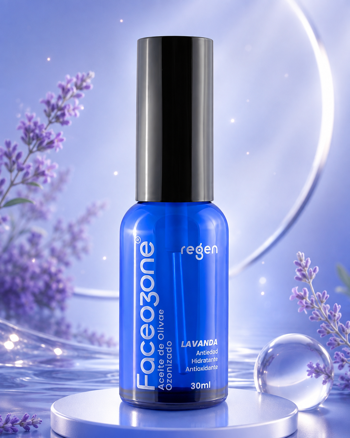 Frasco de FaceOzone, aceite de olivae ozonizado