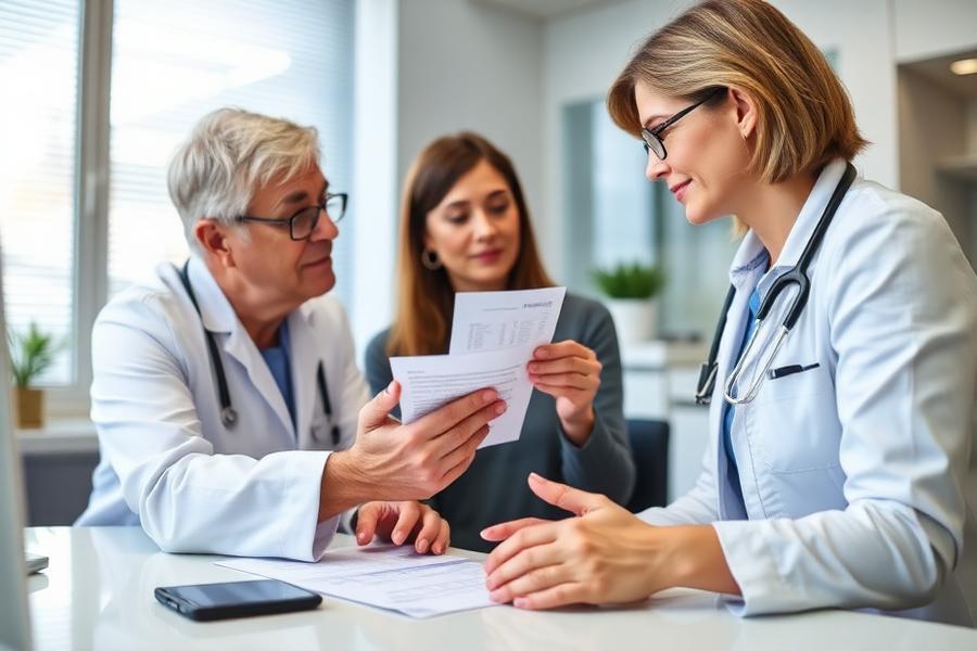 Médicos revisando resultados de laboratorio con una paciente con enfermedad autoinmune