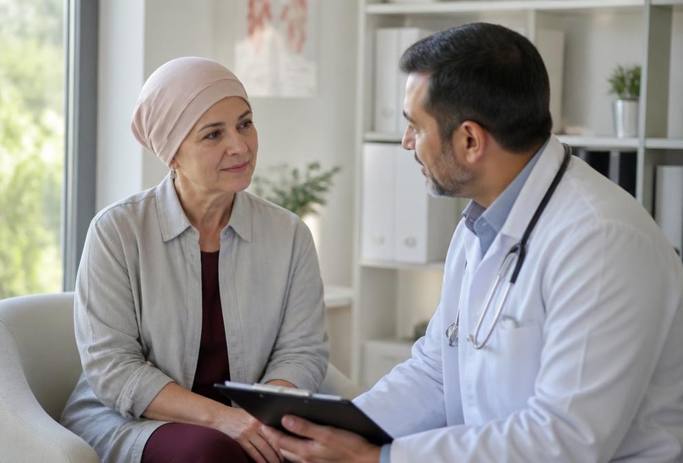 Paciente oncológica en consulta médica acompañada por su especialista
