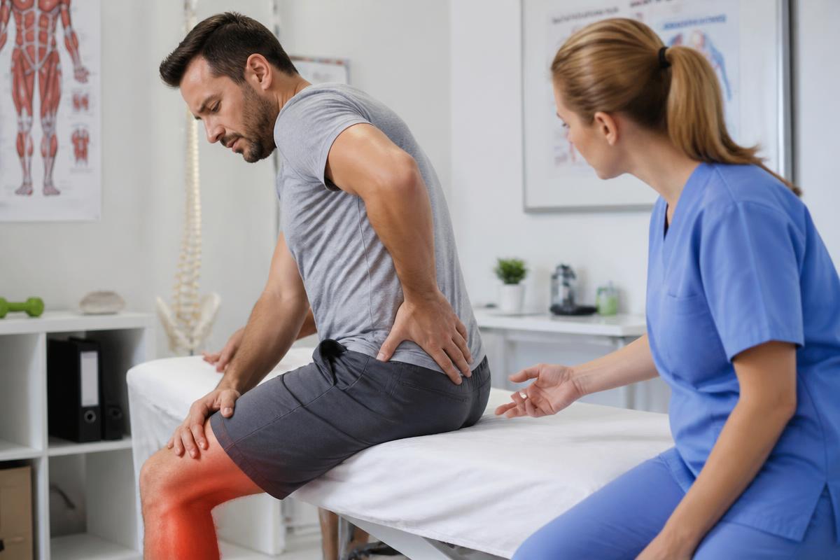 Paciente con dolor ciático irradiado desde la zona lumbar hacia la pierna en consulta