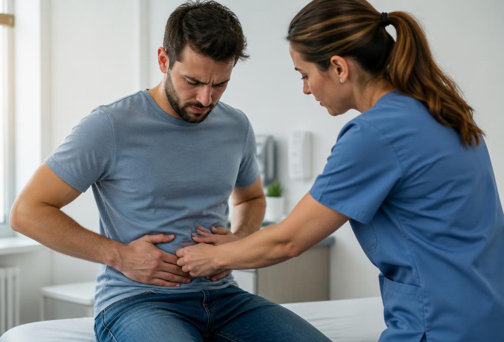 Paciente con molestias abdominales durante una consulta médica