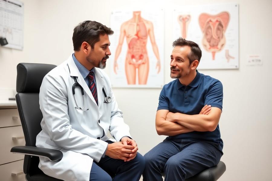 Médico conversando con un paciente durante una consulta proctológica