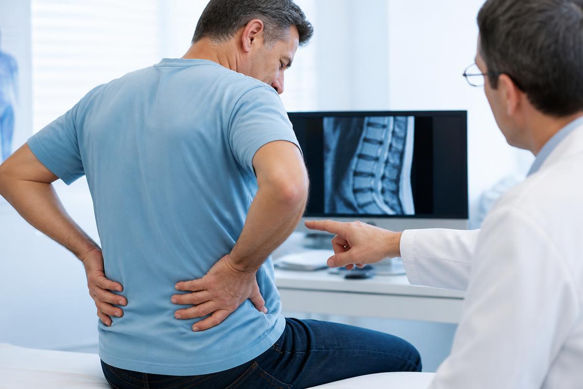 Paciente con dolor lumbar por hernia discal siendo evaluado por un médico