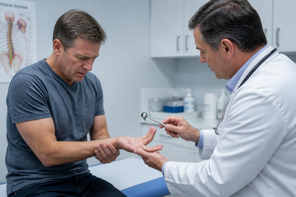 Médico evaluando hormigueo y entumecimiento en la mano de un paciente