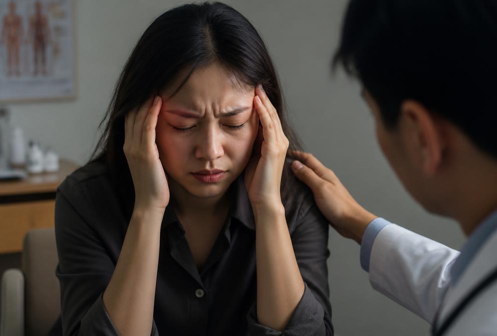 Paciente con dolor de cabeza intenso en consulta médica