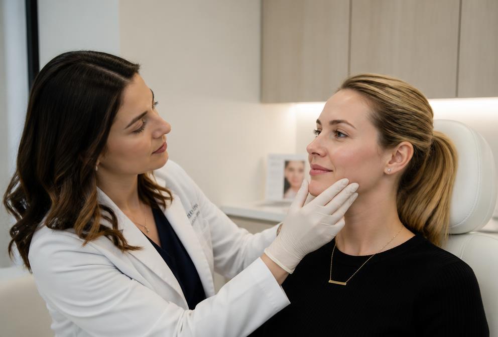 Profesional evaluando la piel del rostro de una paciente en una consulta médico-estética
