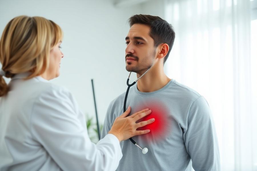 Médica auscultando el pecho de un paciente con molestias respiratorias