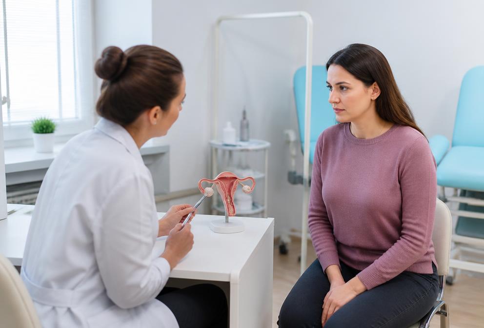 Paciente en consulta ginecológica con profesional de salud